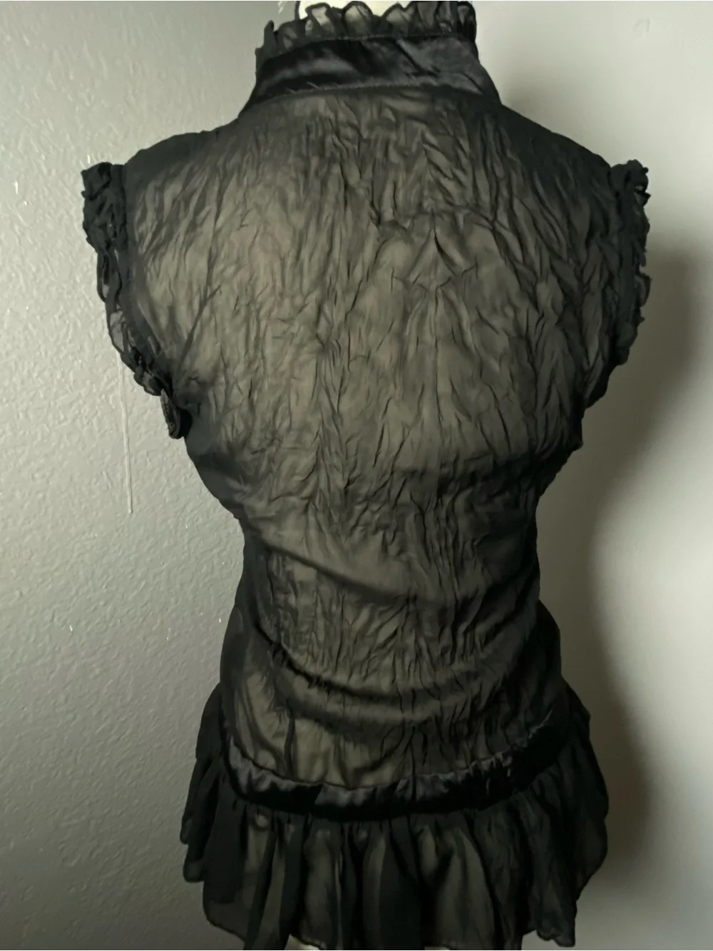 Y2K Whimsygoth Black Chiffon & Satin Drawstring Waist Blouse Size Medium